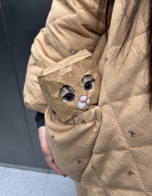 A small cat peeks out from a brown paper bag held by a person wearing a tan quilted jacket with small bow patterns.