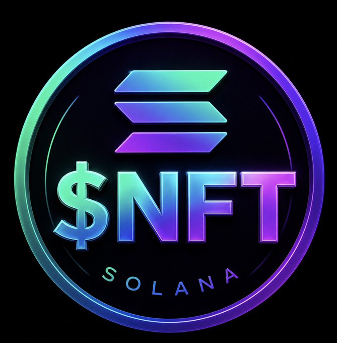 A glowing neon coin-style logo featuring the Solana blockchain emblem above the text "$NFT" with "SOLANA" arched below, set against a dark background with iridescent teal and purple gradients—visually reinforcing the $NFT airdrop offer on the Solana network.
