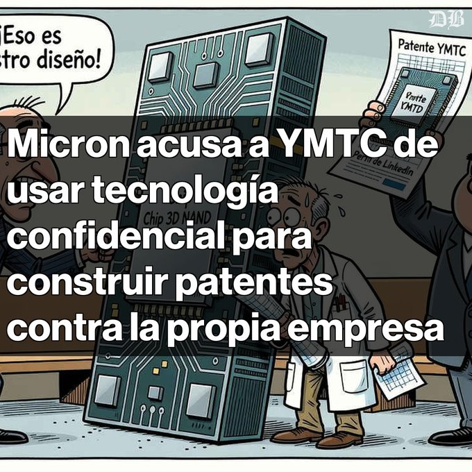 A cartoon illustration depicting a tech patent dispute, with Spanish text reading 'Micron acusa a YMTC de usar tecnología confidencial para construir patentes contra la propia empresa' and a 'Patente YMTC' document visible.