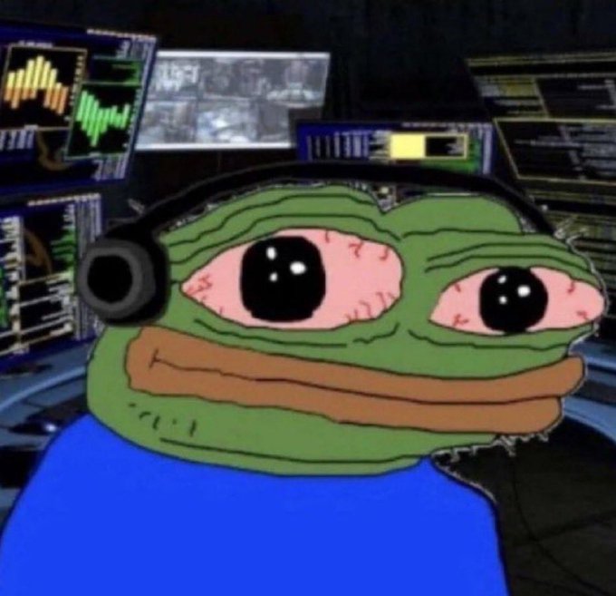 A meme image of the green Pepe the Frog character wearing a headset, with bloodshot eyes, sitting in front of multiple computer monitors displaying financial trading charts.