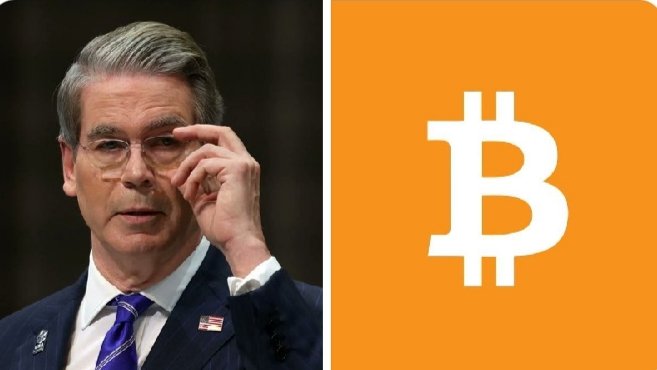 Treasury Secretary Scott Bessent adjusts his glasses in a split image alongside the orange Bitcoin logo, visually reinforcing the post's message about the U.S. government's long-term commitment to its Strategic Bitcoin Reserve.