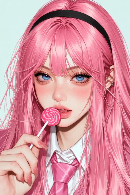 An anime-style illustration of a girl with long pink hair, blue eyes, and a black headband, holding a pink swirl lollipop near her lips. The sweet, candy-themed aesthetic complements the cheerful "gm." (good morning) greeting.