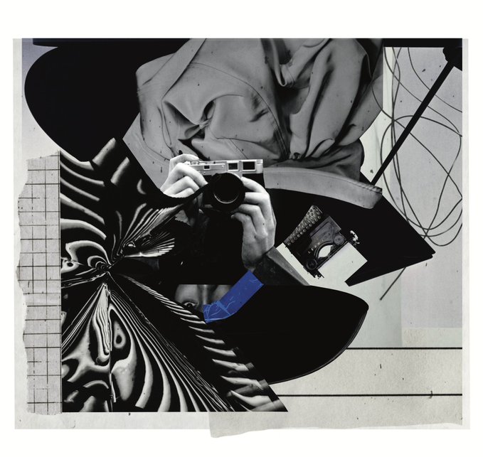 The image features an intriguing black and white collage featuring several elements including a person with their hand holding a camera, various objects scattered throughout, some of which appear to be photographs that are overlapping or lying near each other. The context for this artwork seems to be related to the idea that cameras could not keep up with certain things in life. The photograph is captivating and thought-provoking, inviting viewers to explore its meaning further.