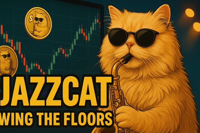 An illustrated orange cat wearing sunglasses plays a saxophone in front of a candlestick trading chart, with bold text reading "JAZZCAT" and "...WING THE FLOORS" alongside gold Jazzcat coin icons—capturing the token's mascot enjoying a smooth weekend vibe while the chart hints at bullish momentum for the Solana memecoin community.