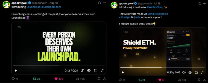 Two X posts from @apoorv.gwei promoting 'Launchpad.Launchpad.com' with text 'Every Person Deserves Their Own Launchpad' and 'Shield ETH. Privacy-first Wallet'.