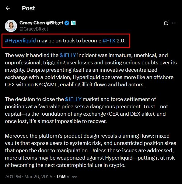 A tweet from Gracy Chen @Bitget stating '#Hyperliquid may be on track to become #FTX 2.0', criticizing the platform's handling of the $JELLY incident, dated March 26, 2025, with 1.5M views.