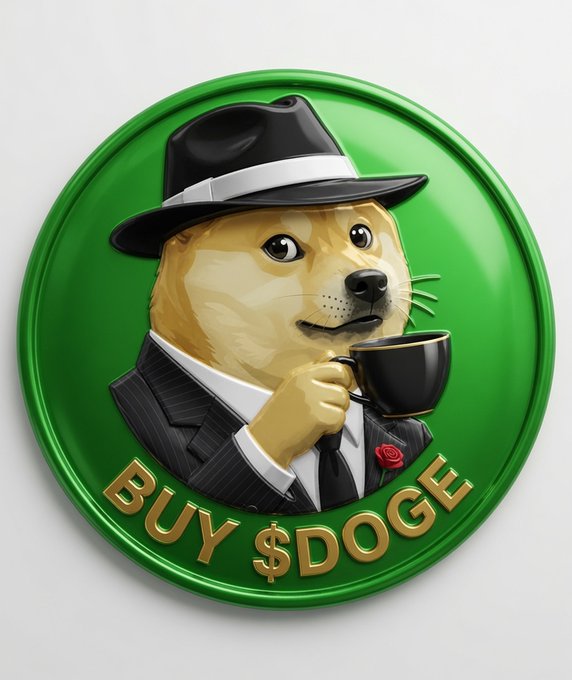 A glossy green coin features the iconic Doge dog dressed in a black pinstripe suit and fedora, sipping from a coffee cup, with gold text reading "BUY $DOGE" along the bottom—perfectly matching the post's relaxed message about buying and holding Dogecoin until it pays off.