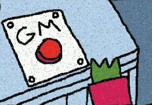 The cartoon shows a large red button labeled "GM" mounted on a nightstand next to a bed with a red pillow and green blanket. The image visually represents the post's sentiment of saying "Good Morning" to everyone except the alarm clock, capturing the universal reluctance to greet the day by hitting the snooze button instead.