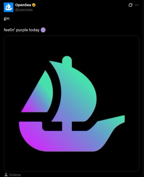 A screenshot of a tweet from OpenSea (@opensea) featuring a sailboat icon in a purple-to-teal gradient, captioned "gm" and "feelin' purple today," tagged with "Solana"—matching the post's reference to OpenSea picking the perfect purple color while promoting $SEA on Whales Market before its TGE.