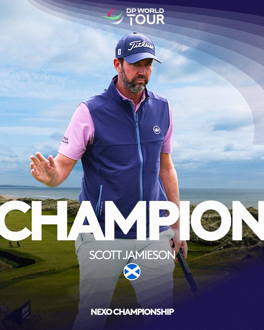 DP World Tour promotional graphic showing golfer Scott Jamieson in a navy Titleist vest and cap celebrating, with "CHAMPION" in large text, alongside his name, a Scottish flag, and "NEXO CHAMPIONSHIP" branding, celebrating his victory at the 2026 Nexo Championship.