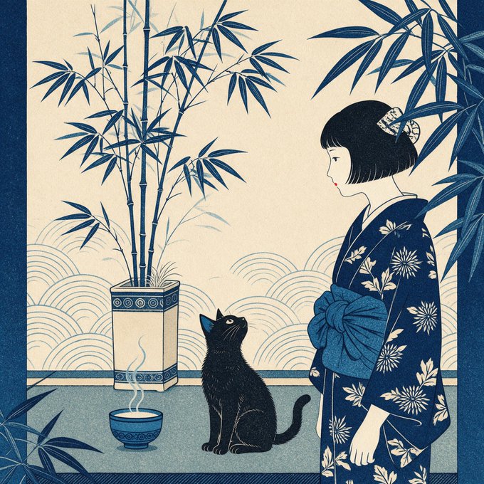 A traditional Japanese-style illustration in blue and cream tones depicting a woman in a floral kimono standing beside a black cat, with bamboo plants and wave patterns in the background.