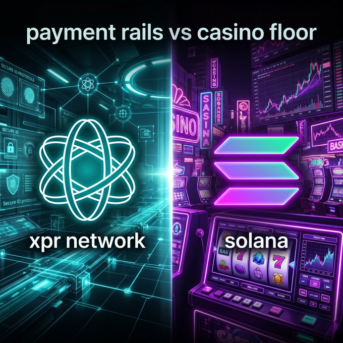The image shows a comparison between payment rails and a casino floor, with a purple background featuring neon signs for both payment rails and a casino floor. The text "Payment Rails vs Casino Floor" is written above each setting, indicating that they are being compared. The caption below the image reads "Solana-XPR Network". This suggests that the comparison may be related to Solana's involvement in the XPR network or payment rails operating within a casino environment.