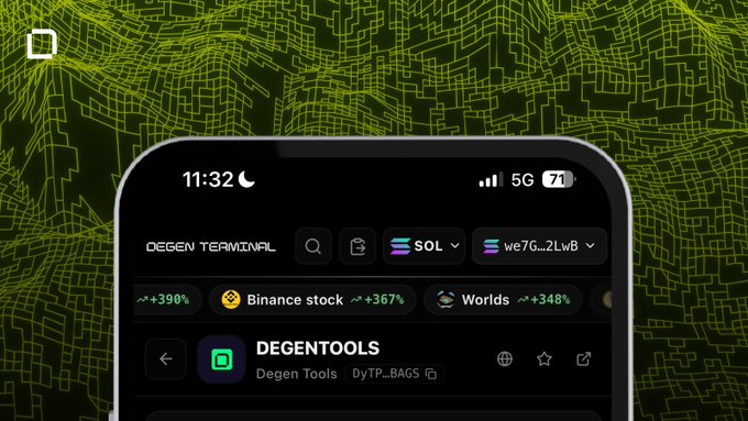 The image features a smartphone screen displaying various app icons, with "Trade Now" being one of them. The phone's display contains an array of information about these apps, including their ratings, reviews, and descriptions. In addition, there is text associated with different app icons suggesting that they might be tools or applications related to trading and investing activities. The main focus of the image lies in the bottom left corner where a post indicates the availability of a DEGEN terminal for trading, offering features such as fast execution, instant trades, and low fees.