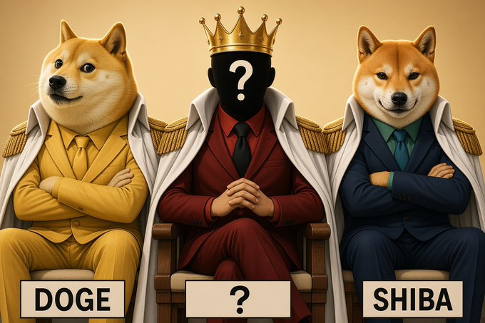 An illustration comparing DOGE and SHIBA cryptocurrencies as anthropomorphic dogs in suits, with a mystery third figure in the middle wearing a crown.