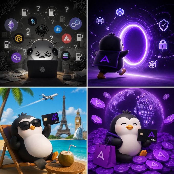 The image features four different cartoon penguins holding various items, including a laptop, sunglasses, and a credit card. The penguin on the left side of the image has a laptop open, while the other three penguins are positioned around them with their arms raised in different directions. Each penguin is wearing sunglasses, adding to the playful atmosphere.

The post about earning yield and spending crypto worldwide suggests that the penguins' activities could be related to cryptocurrency trading or investing. The use of a credit card for transactions implies that they can easily access their funds across international borders without needing to exchange currency. This highlights the convenience and flexibility offered by digital assets like cryptocurrencies, allowing users to engage in financial activities from anywhere in the world.