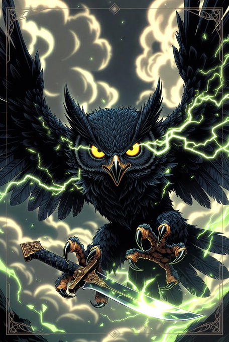 The image features a black owl with glowing green eyes, holding a sword and surrounded by lightning bolts. The owl appears ready to tear through resistance or take down an opponent, as indicated by the phrase "Focus on what is in the image and how it relates to the post".