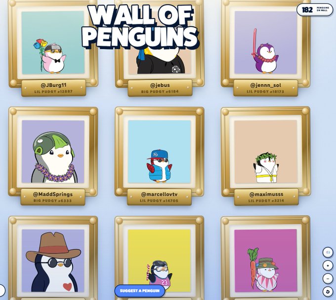 A digital interface titled 'WALL OF PENGUINS' displays a 3x3 grid of framed penguin NFT avatars, each with a username and 'Pudgy' ranking, such as '@JBurg11' and '@jebus', with a 'SUGGEST A PENGUIN' button at the bottom.