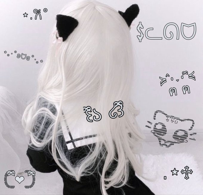 The back view of a person wearing a long, white cosplay wig adorned with black cat ears, surrounded by various stylized graphic icons and Japanese-style decorative elements on a white background.