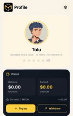 A mobile app profile screen for 'Tolu' displays a yellow avatar with short dark hair, showing wallet balances of $0.00 and options for 'Top up' and 'Withdraw'.