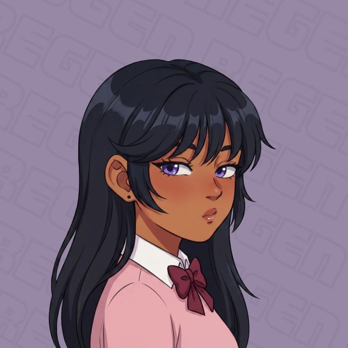 An anime-style digital illustration of a dark-skinned girl with long black hair and purple eyes, wearing a pink sweater over a white collared shirt with a red bow.