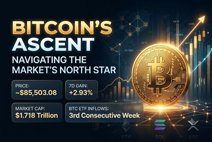 A cryptocurrency infographic 'BITCOIN'S ASCENT: NAVIGATING THE MARKET'S NORTH STAR' showing BTC price ~$85,503.08, market cap $1.718 Trillion, 7D gain +2.93%, and BTC ETF inflows for the 3rd consecutive week, with ETH, SOL, and XRP logos.