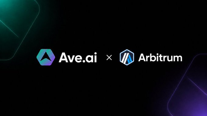 Black graphic displaying a partnership with a hexagonal 'Ave.ai' logo next to an 'x' and a hexagonal 'Arbitrum' logo.