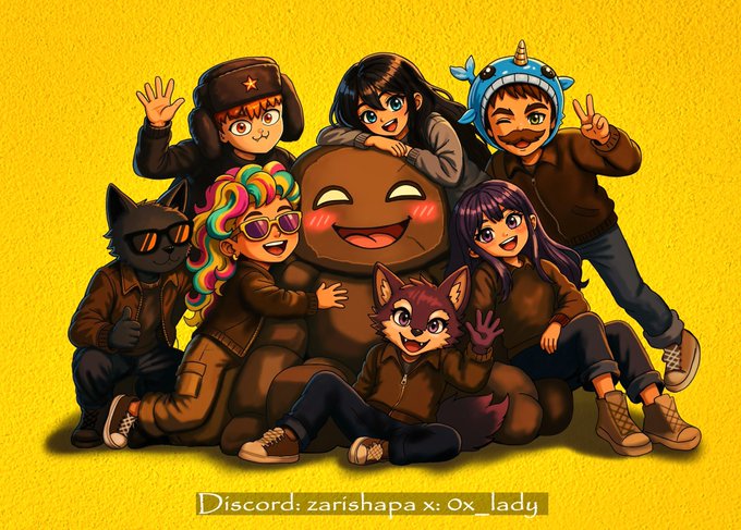 A group of cartoon characters in a giant group hug pose together on a yellow background, with text at the bottom reading "Discord: zarishapa x: 0x_lady," reflecting the post's theme of the @SeismicSys crew gathering together.