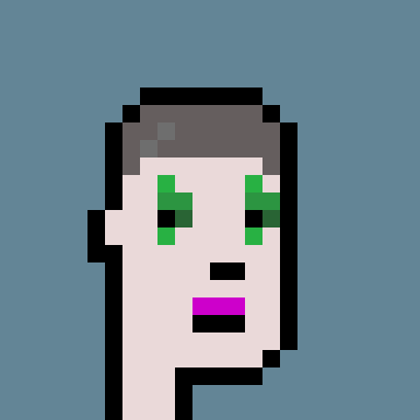 A pixel art face with green eyes, a black mouth, and gray hair on a blue background, visually representing the "clown" referenced in the post about manipulating OpenSea CryptoFunk listings using tight liquidity pools and AMM bots.
