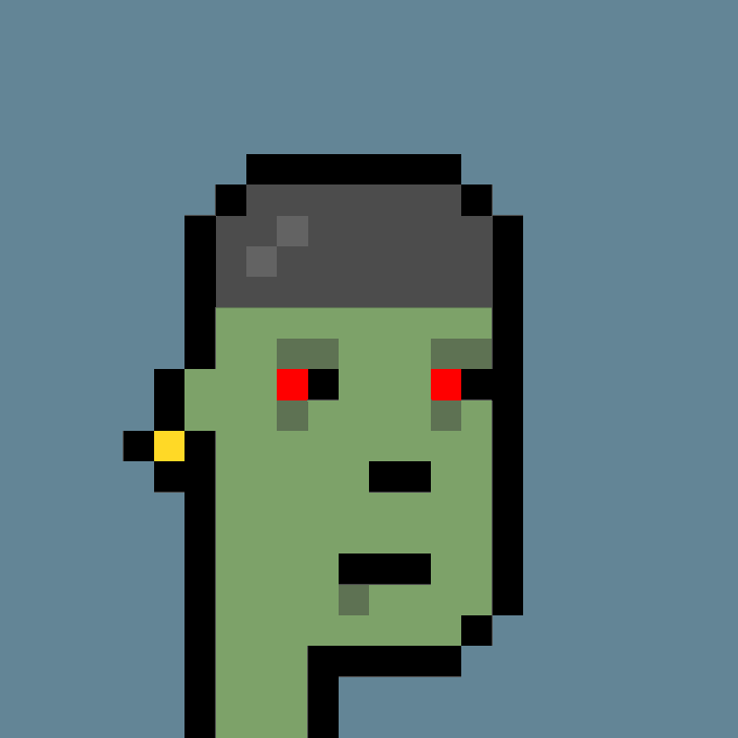 A pixel art portrait of a green-skinned figure with red eyes, dark hair, and a small yellow earring against a blue background.