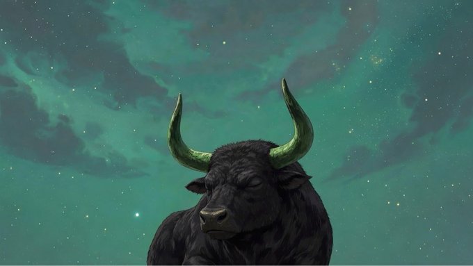 A black bull with glowing green horns stands against a teal, starry cosmic background.