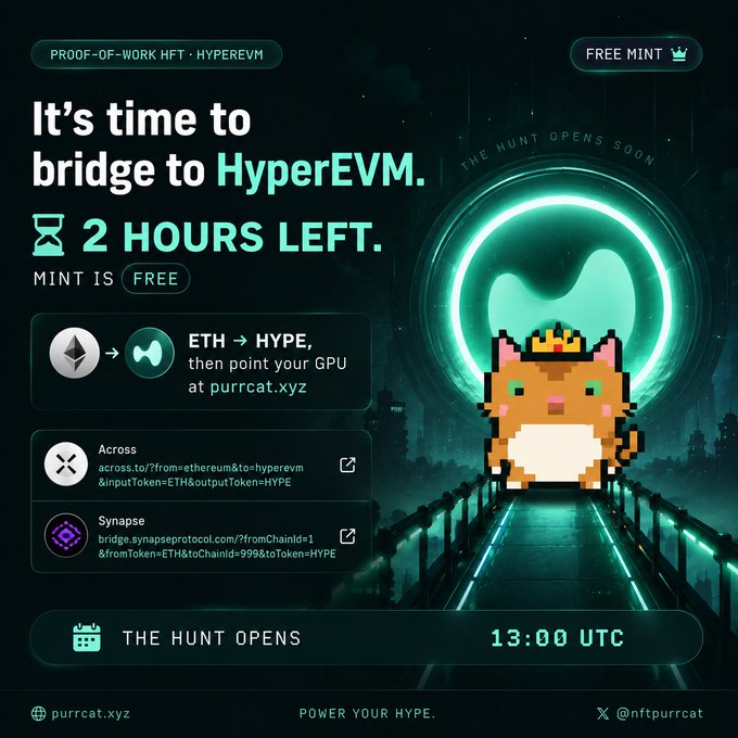 A promotional graphic for 'purrcat.xyz' advertising bridging ETH to HYPE on HyperEVM with 2 hours left, showing bridging instructions for Across and Synapse, and a free mint announcement.