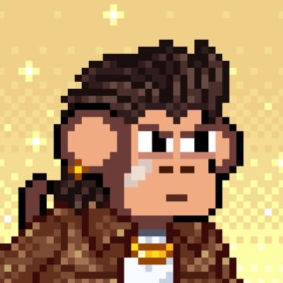A pixel art avatar depicts a person with dark hair, brown skin, and a brown jacket against a yellow background with sparkles. The image serves as a profile picture representing the friend ("AP") mentioned in the post celebrating his friendship with WAPSHOP_ETH.