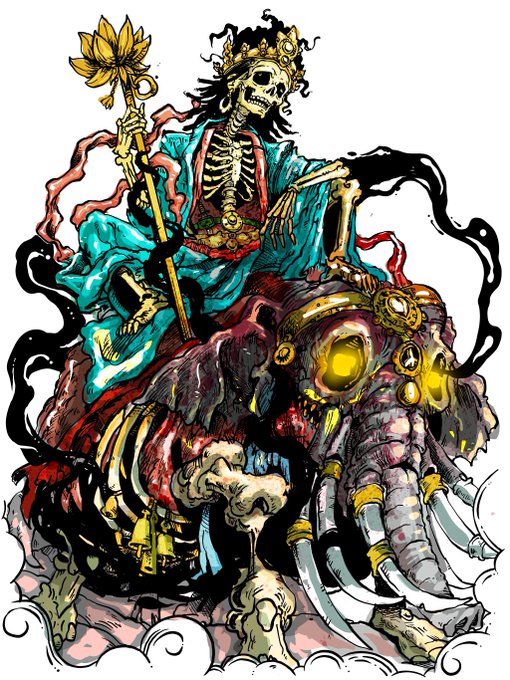 A vibrant fantasy illustration depicts a skeletal king wearing a crown and teal robes, holding a golden scepter while riding atop a massive, ornate skeletal beast with glowing yellow eyes.