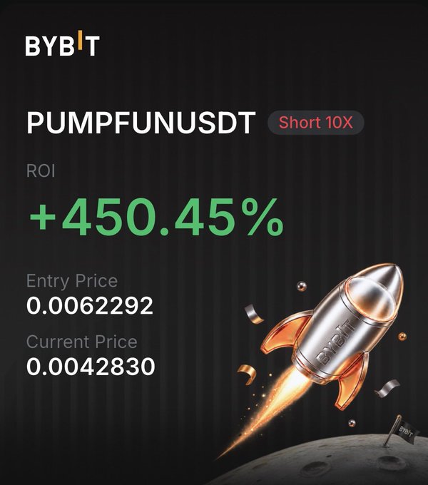 A digital promotional graphic for the Bybit platform shows a 'PUMPFUNUSDT' trade with a 'Short 10X' tag, an ROI of '+450.45%', an entry price of 0.0062292, a current price of 0.0042830, and a silver rocket ship illustration.
