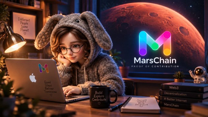 A digital illustration shows a child in a bunny-eared hoodie working on a laptop next to a 'MarsChain' logo with the tagline 'PROOF OF CONTRIBUTION', set against a backdrop of Mars.