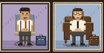 Two pixel-art panels depict an office worker in a white shirt and red tie — one struggling in a rainy storm with a briefcase, and the other relaxing in an armchair in a sunny sky.