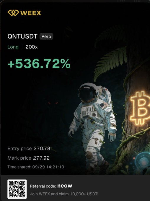 A promotional graphic for the WEEX exchange showing a +536.72% gain on a QNTUSDT Perpetual Long position at 200x leverage, featuring an astronaut walking through a dark forest with a neon Bitcoin sign.