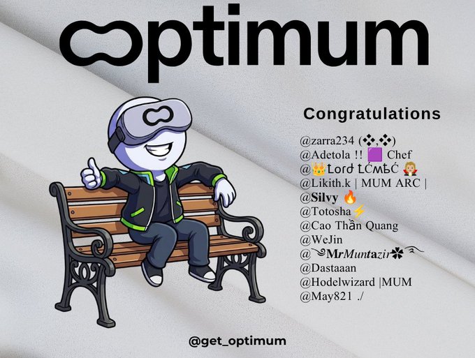 A promotional graphic for "optimum" (@get_optimum) showing a cartoon character in a VR headset sitting on a bench, alongside a "Congratulations" list of usernames such as @zarra234, @Adetola, and @Lord.