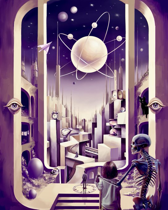 A surreal illustration shows a child and a skeleton looking out through an arched window at a fantastical purple cityscape with floating spheres, an atom-like structure, and a giant eye motif.