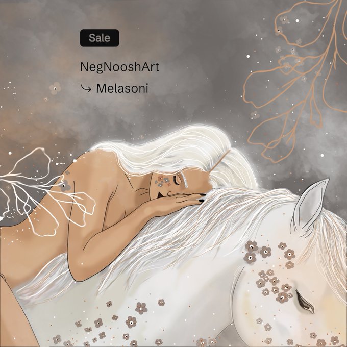Digital artwork titled 'Melasoni' by NegNooshArt showing a white-haired figure embracing a white unicorn adorned with flowers against a gray, starry background.