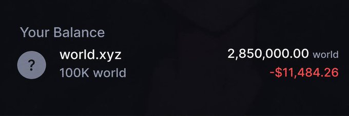 A dark-themed balance dashboard displays a "world.xyz" account holding 100K $WORLD tokens, showing a balance of 2,850,000.00 $WORLD and a red loss indicator of -$11,484.26, tying into a post promoting the newly launched $WORLD token claim at world-claim.xyz.