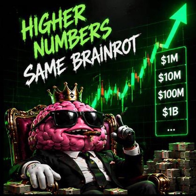 A crowned, sunglasses-wearing brain in a suit smokes a cigar on a throne of cash beneath the text "HIGHER NUMBERS SAME BRAINROT," with a glowing green chart showing a price climb past "$1M, $10M, $100M, $1B"—visually hyping the promise that a small investment could skyrocket, mirroring the post's pitch about $PONS's past gains and $BRAINROT's potential to repeat them.