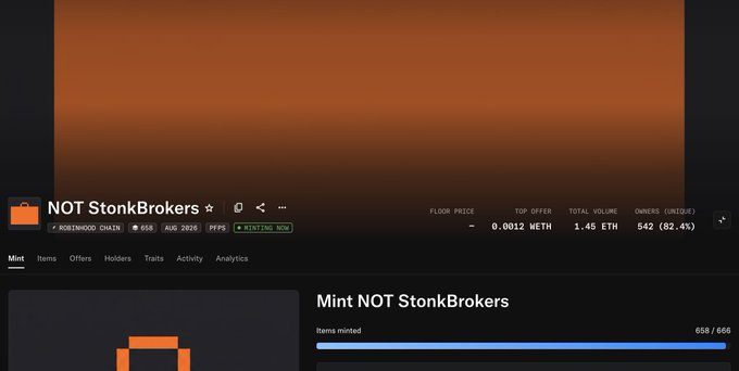 The image shows an NFT collection page on OpenSea for "NOT StonkBrokers" on the Robinhood Chain, displaying a floor price of 0.0012 WETH with 658 of 666 items minted. The post mocks buyers who paid approximately 0.01 ETH for these NFTs, predicting the floor price would crash to zero shortly after minting.