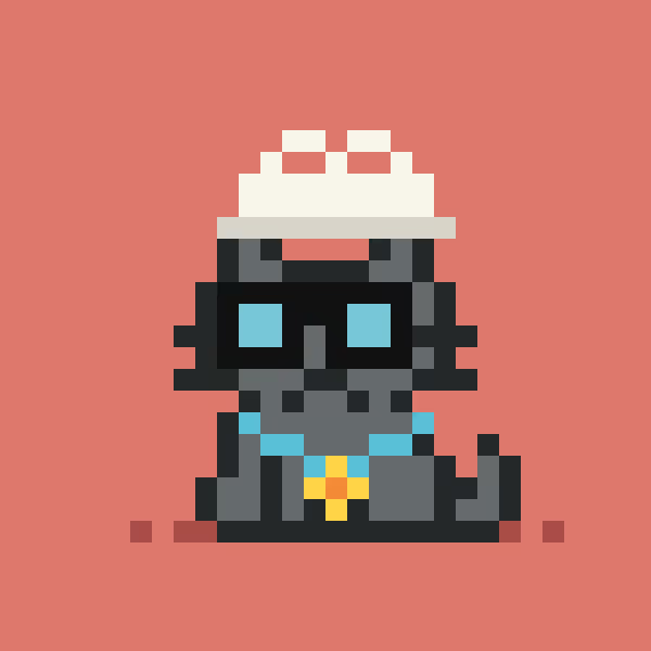 A pixel art image featuring a black cat wearing a white chef's hat and blue bandana, set against a coral background. The image relates to the post's reference to "Rob" (likely "Rob Kitties"), an NFT collection, with the cat symbolizing the "heart of kitties" mentioned in the caption.