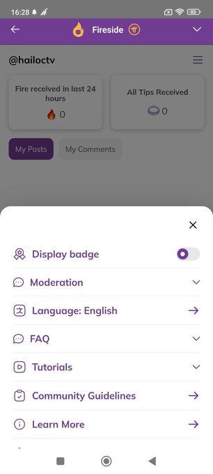 A screenshot of the Fireside app shows a menu with "Display badge" toggle option enabled, alongside other settings like Moderation, Language (English), FAQ, Tutorials, Community Guidelines, and Learn More. The image illustrates the new feature mentioned in the post, demonstrating how Pi Network pioneers can now display their badges within the Fireside platform.