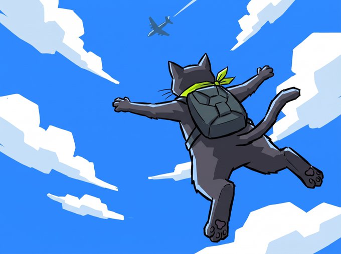 An animated illustration of a black cat wearing a yellow bandana and a backpack, skydiving through a blue sky with white clouds while a small airplane flies above.