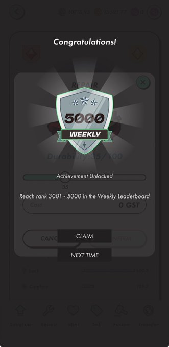 A mobile game achievement screen with 'Congratulations!' text, showing a silver shield badge reading '5000 WEEKLY' for 'REPAIR' with text 'Reach rank 3001 - 5000 in the Weekly leaderboard'.