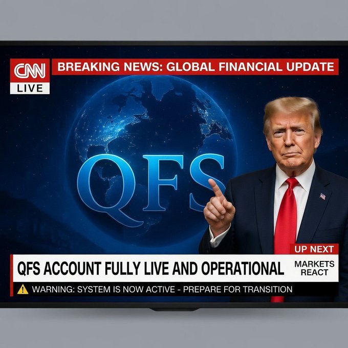 A fake CNN LIVE broadcast graphic reads 'BREAKING NEWS: GLOBAL FINANCIAL UPDATE' with a banner stating 'QFS ACCOUNT FULLY LIVE AND OPERATIONAL' and 'WARNING: SYSTEM IS NOW ACTIVE - PREPARE FOR TRANSITION', featuring a photo of Donald Trump pointing upward.