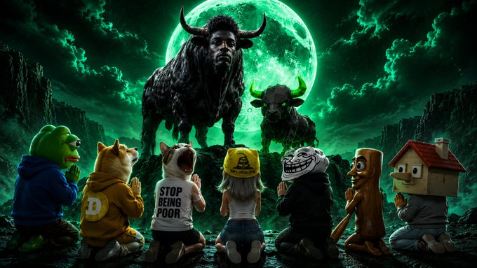 Two imposing black bulls with glowing green horns loom against a massive green moon, while a lineup of meme characters—including Doge, Pepe, a "STOP BEING POOR" figure, a trollface, a yellow hat character, and a house-headed figure—kneel in prayer beneath them, symbolizing the devotion of the $ANSEM community to the newly launched Black Bull Jr ($ANSEMJR) token.