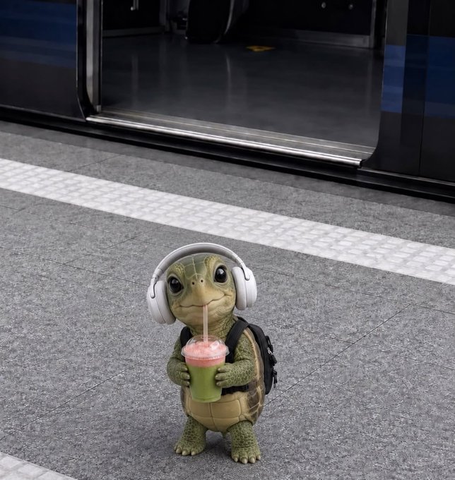 An AI-generated image shows an anthropomorphic turtle wearing white over-ear headphones and a small backpack, standing on a subway platform while holding a green smoothie with a pink drink on top.